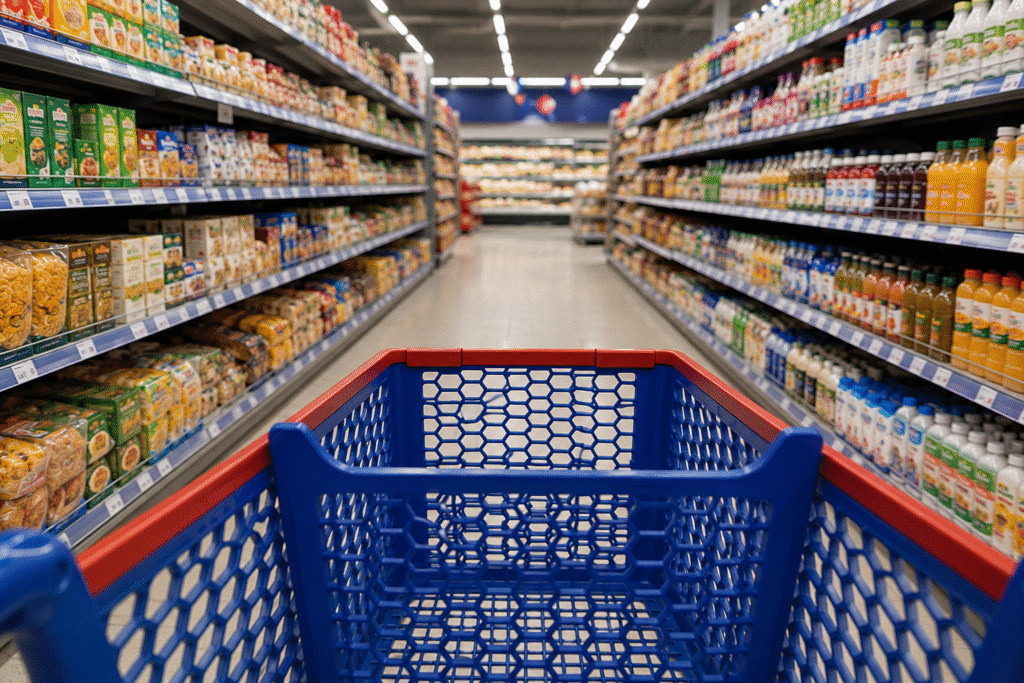 Pasillo de supermercado visto desde el carrito